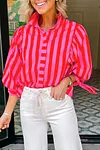 Women's Red Stripe Tie Puff Sleeve Button Down Shirt