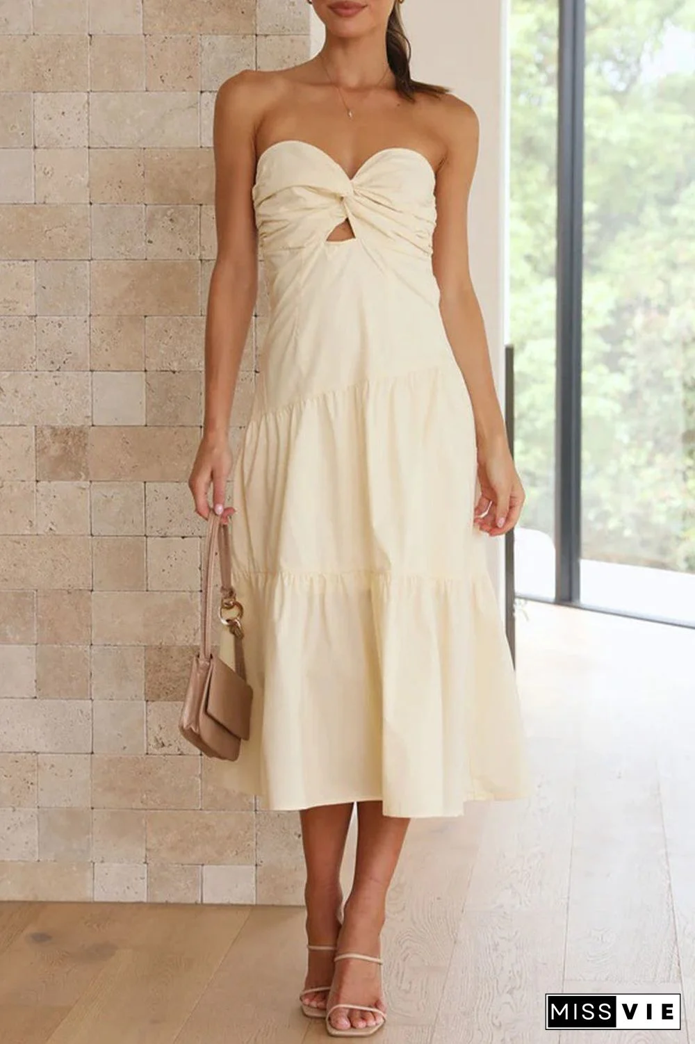 Sweet Elegant Solid Fold Strapless Waist Skirt Dresses