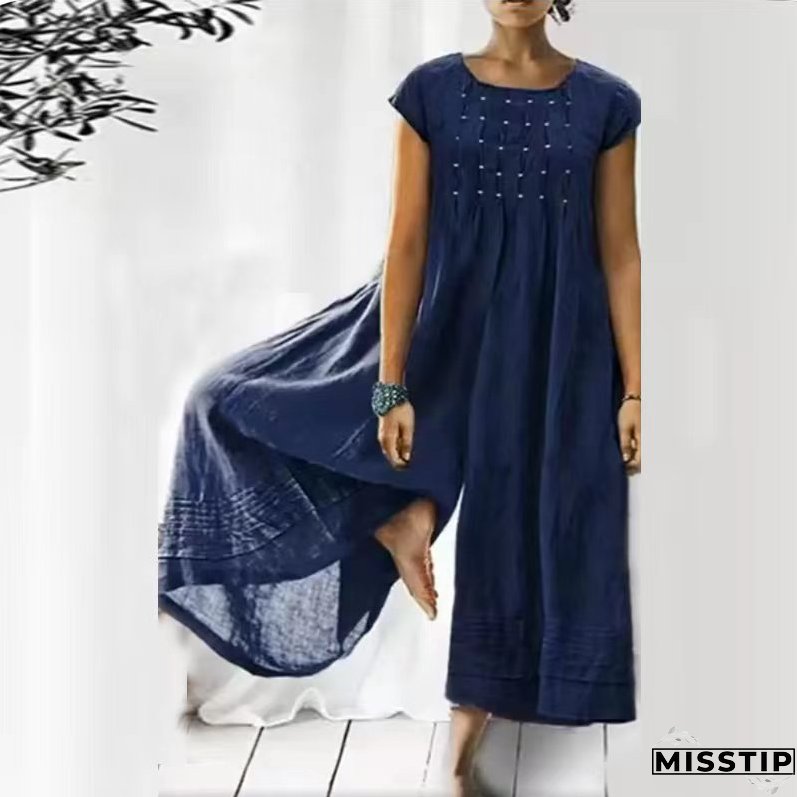Fashion Vintage Crinkled Cotton Linen Elegant Wide Leg Loose Jumpsuit
