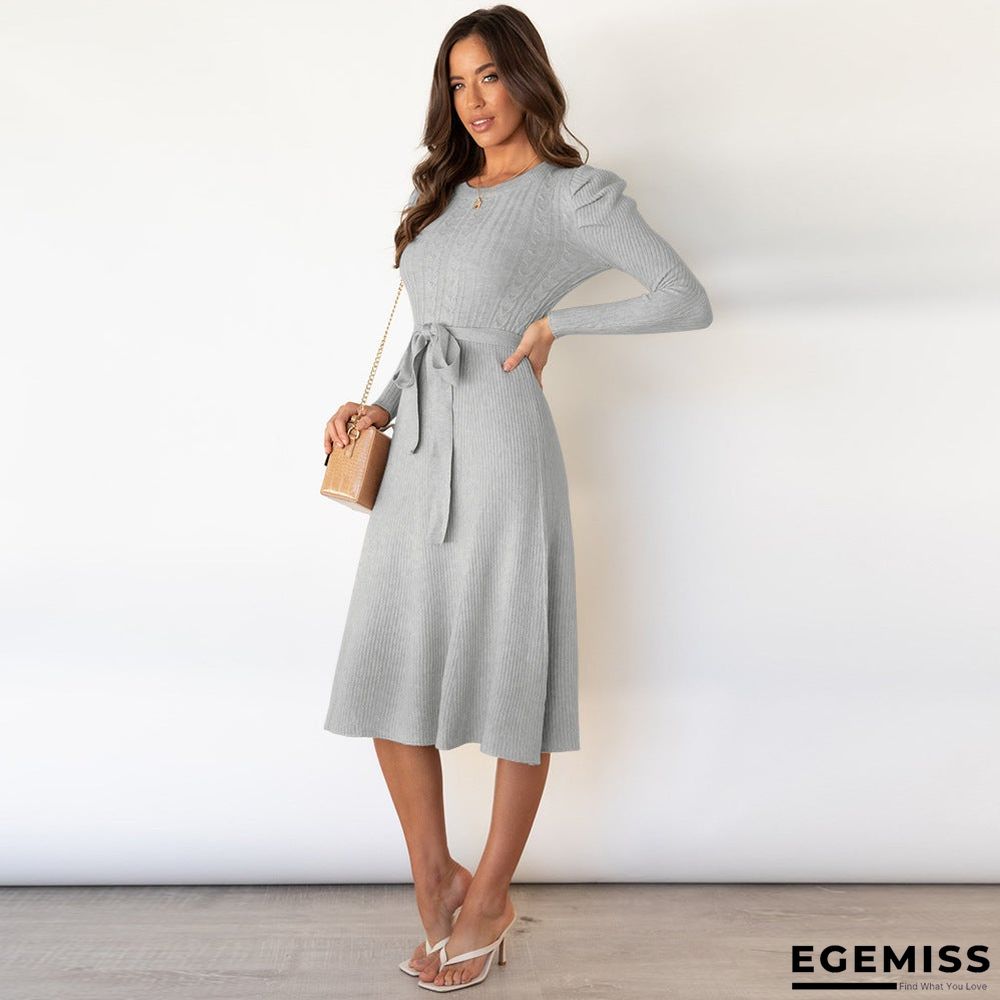 Bubble Long Sleeve Knitted Skirt Medium Long Wool Dress Black Dresses | EGEMISS