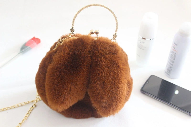 Women’s Plush Rabbit Solid Color Cute Round Lock Clasp Handbag Crossbody Bag