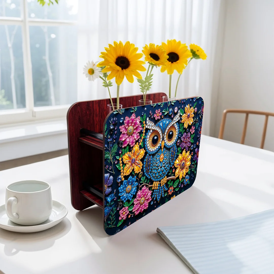 Owl DIY Flower Vase Wooden Double Sided Desktop Diamond Art Kit for Home Decor
