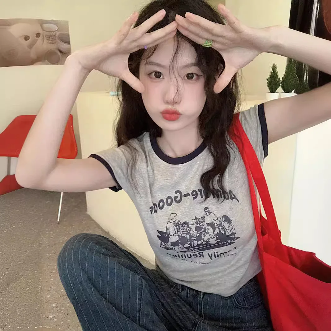 Uveng Uveng And Spicy Wind Letter Print T-Shirt Female 2024 Summer Slim Slim Short Color Round Collar Short-Sleeved Student Jacket