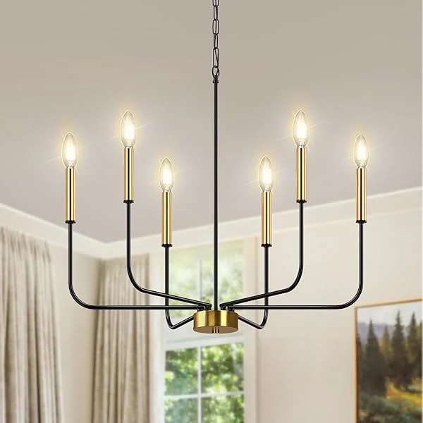 6-Light Black and Gold Farmhouse Chandeliers for Dining Room, Light Fixture Adjustable Height, Industrial Modern Chandeliers for Living Room, Bedroom and Foyer