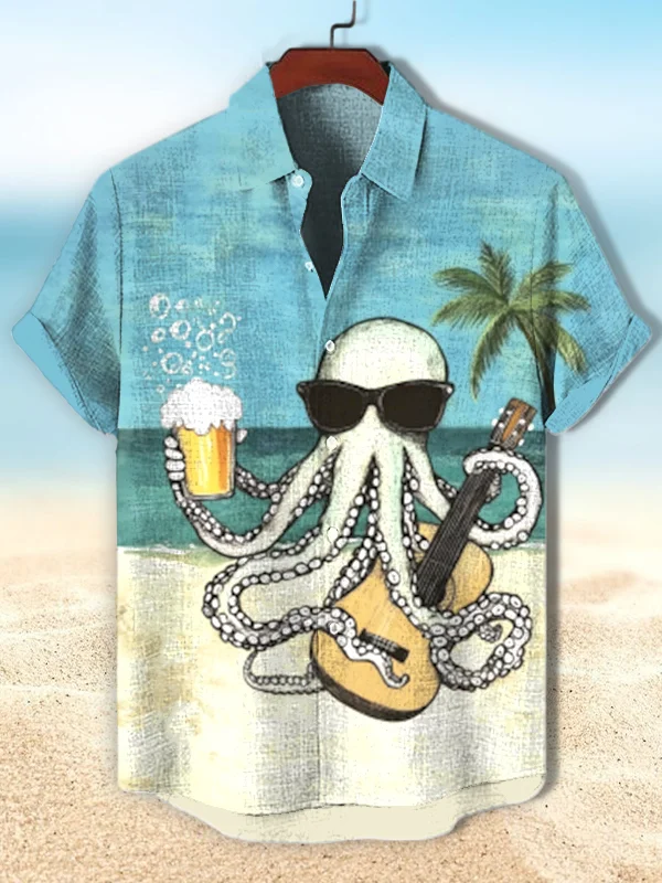 Men's Octopus Holding Beer And Guitar Print Short Sleeve Shirt