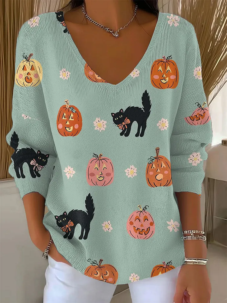 Women's Vintage  Halloween  Cat  Art Print Casual Pullover Sweater