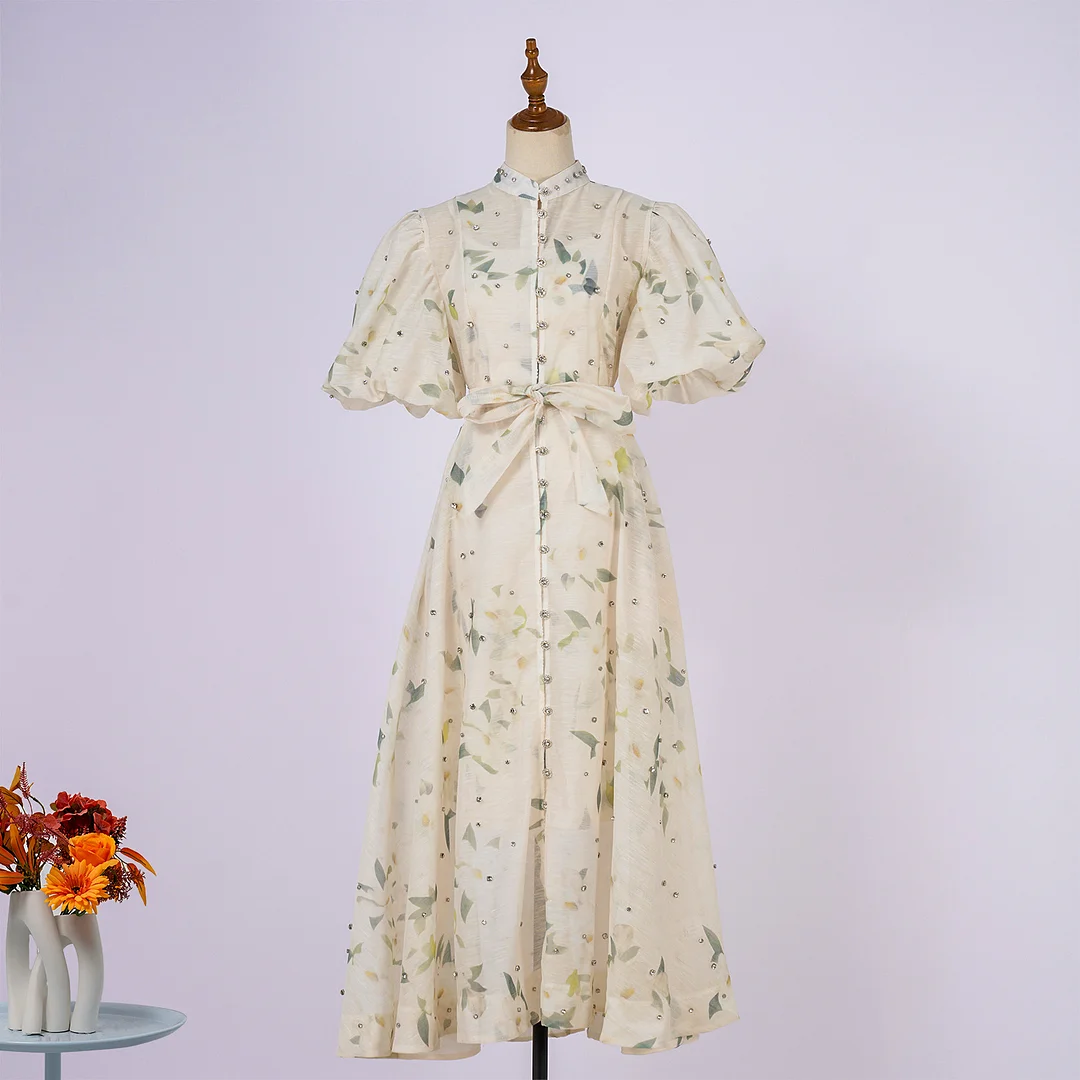 Nigikala Nigikala Court Style High Design Feeling Heavy Industry Nail Drill Short Sleeve Single Buckle Dress + Sling