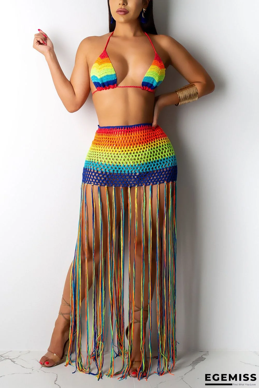 Rainbow color backless Knit Tassel bandage Hooded Out Tankinis Set | EGEMISS