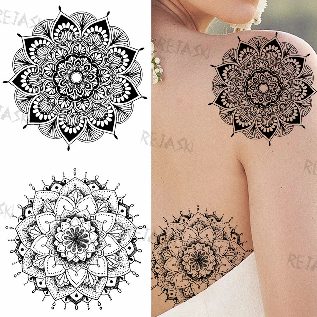 Mandala Flowers Temporary Tattoo For Women Black Henna Mehndi Tattoos Sticker Rose Lace Owl Fake Jewelry Tatoos Body Chest Back