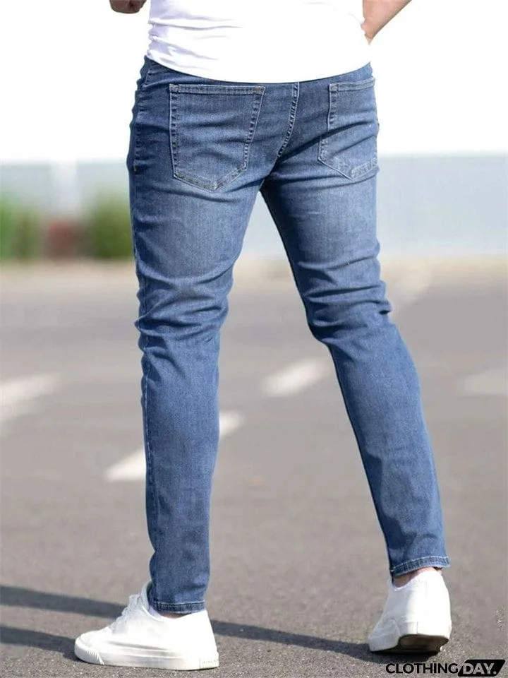 Men's Blue Form-fitting Streetwear Denim Jeans