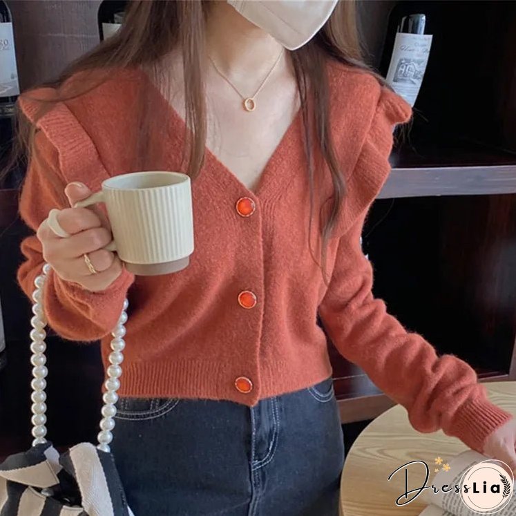 Joskka New Women's Autumn Winter Sweaters Buttons Cardigans Vintage Korean Knitted Ruffle Fashionable Elegant Lady Tops