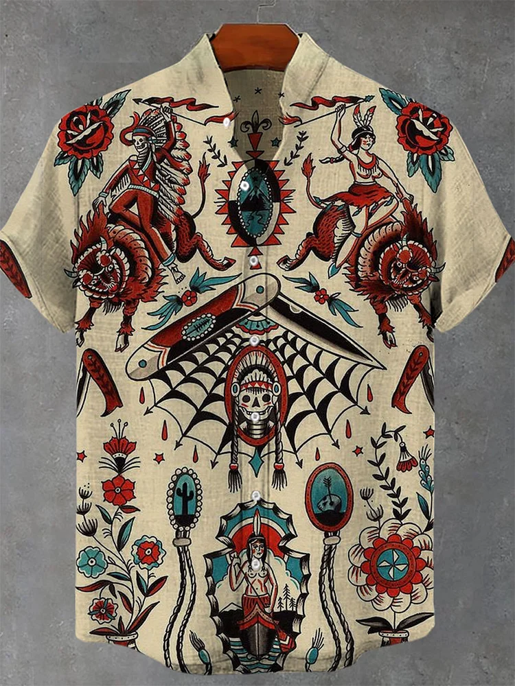 Vintage Ethnic Pattern Print Casual 100% Cotton Shirt