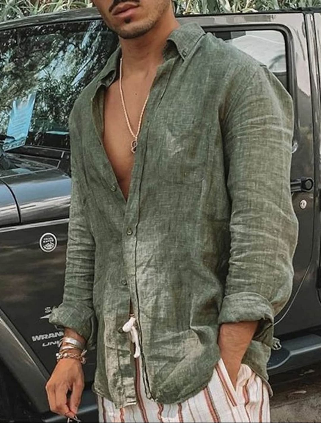 Men's Tee Shirt Solid Color Long Sleeve Daily Tops Cotton Simple Solid Color Casual / Daily Button Down Collar Green White / Beach Linen