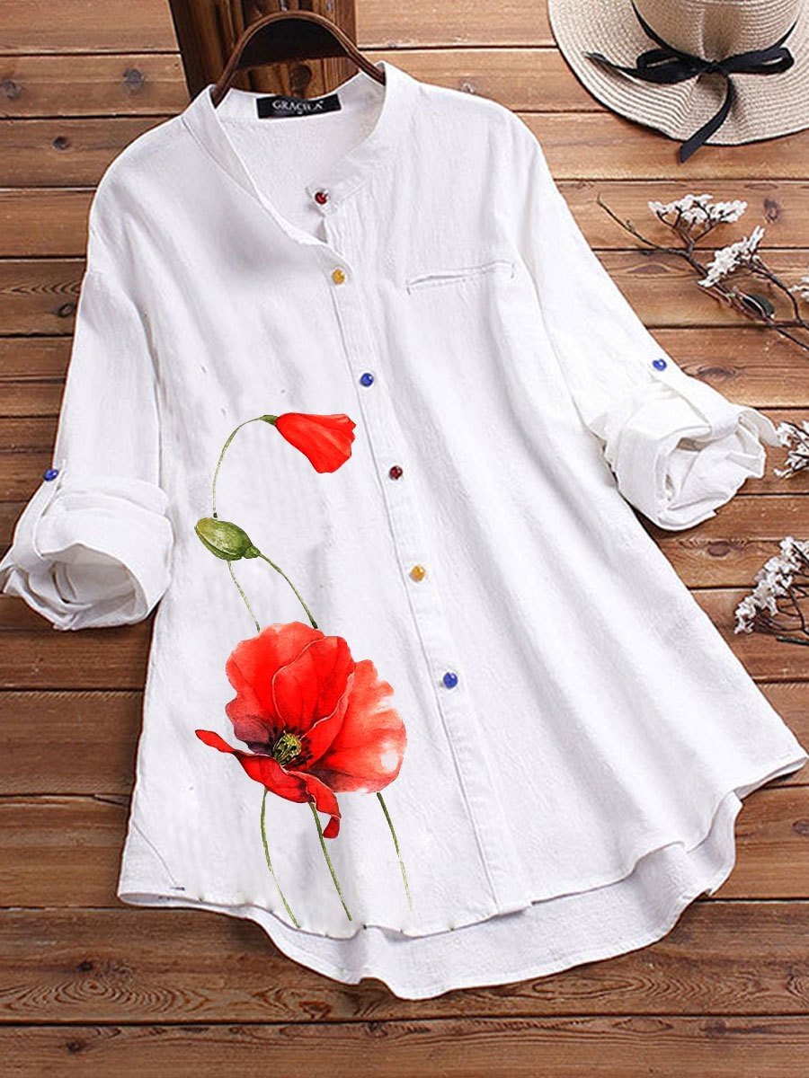 Stand-Up Collar Floral Print Long-Sleeved Shirt