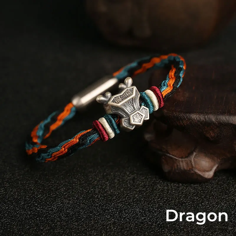 Handmade 999 Sterling Silver Year of the Dragon Chinese Zodiac Protection Colorful Reincarnation Knot Rope Bracelet