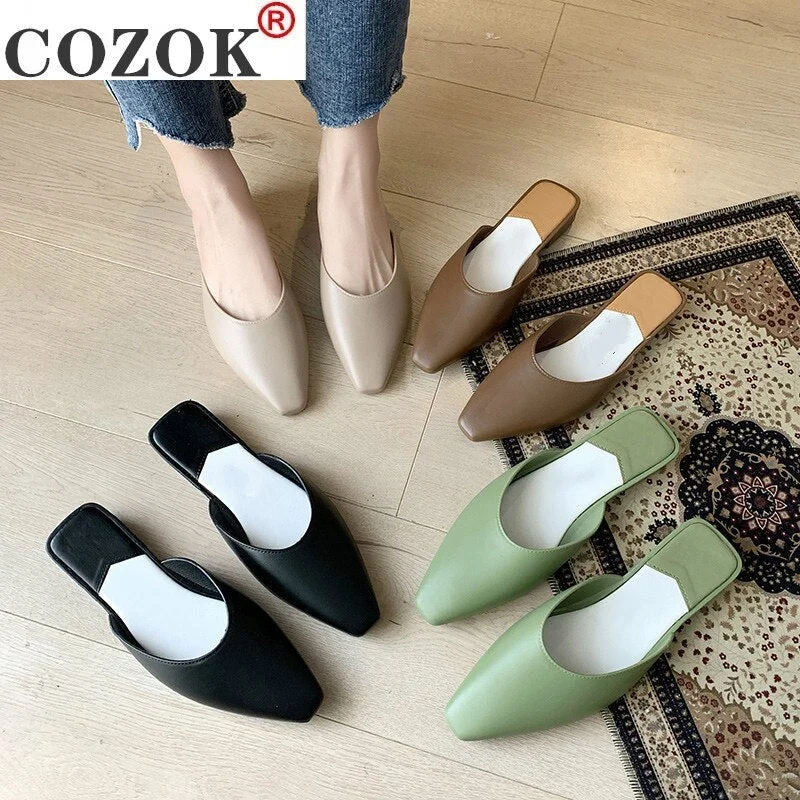 2021 Fashion Pointed Toe Mules Women Summer Slippers Candy Color Flats Slip-on Holiday Ladies Sandals Slides PU Women Shoes