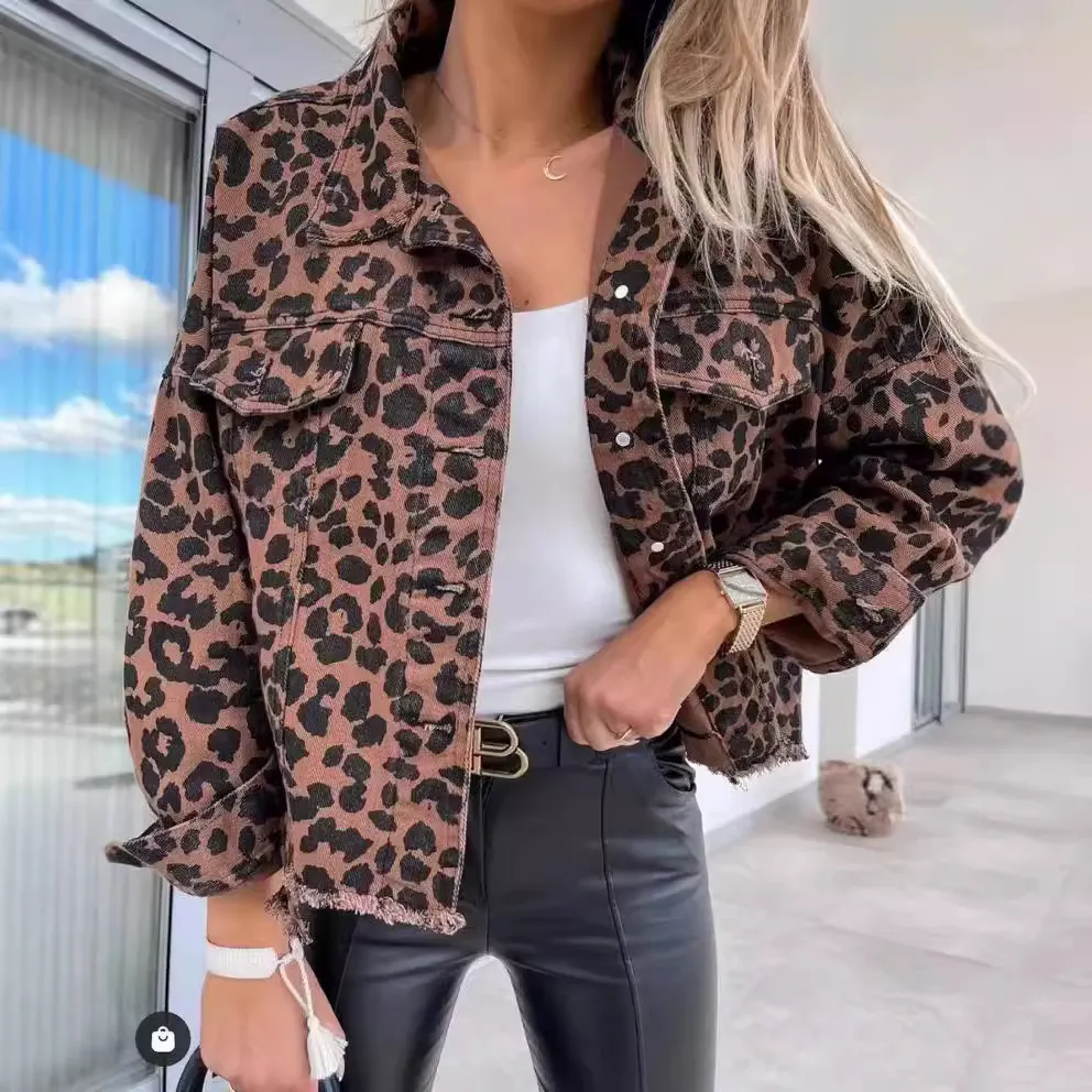 Women Leopard Print Denim Jacket