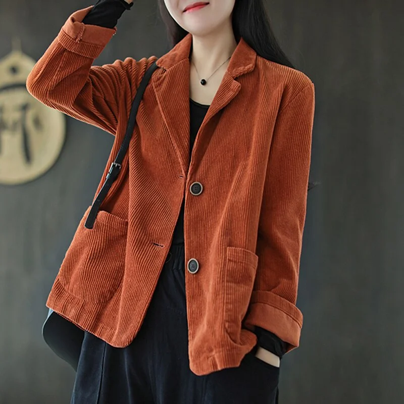 Zoki Vintage Women Corduroy Blazers Jacket Spring Loose Single Breasted Pure Cotton Coat Turn Down Collar Black Ladies Clothes