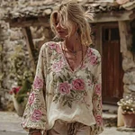 Women's Roses Print V-neck Linen Blend T-shirt - Image 2