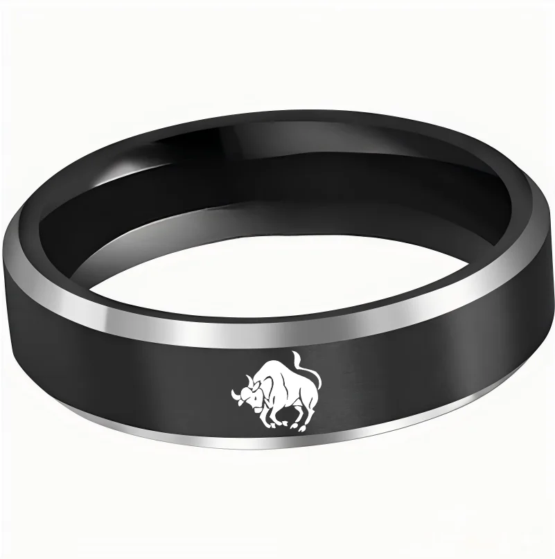 Mens Womens Black Taurus Tungsten Carbide Rings Black Edges and Laser Etched Wedding Bands Comfort Fit 4MM 6MM 8MM Width