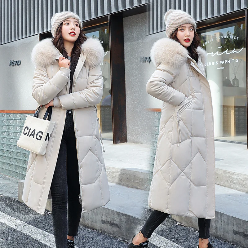 Woherb 2023 New Down Cotton-Padded Clothes Casual Cotton-Padded Clothes Female Winter Over The Knee Long Korean Version Slim Big Wool Collar And Thick Cotton-Padded Jacket-Outfit Ideas
