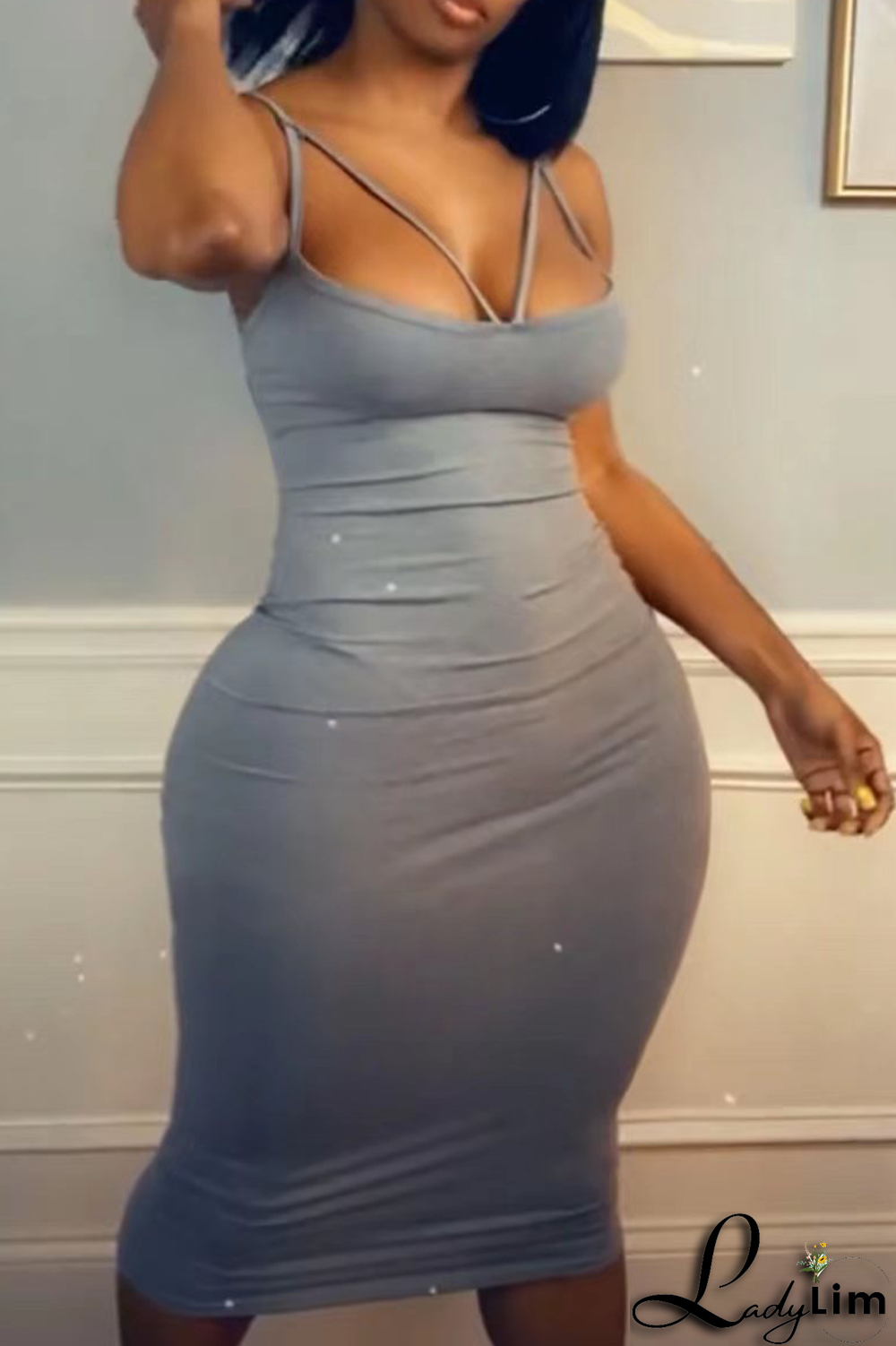 Grey Sexy Solid Split Joint Spaghetti Strap Pencil Skirt Dresses