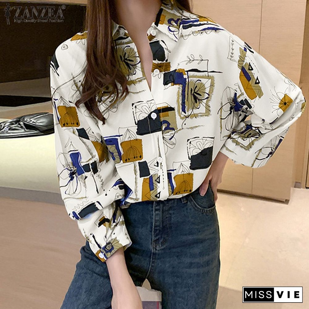 Blouse Women Retro Female Printed Single-breasted Spring Button Straight Long-sleeve Vintage Shirt Top