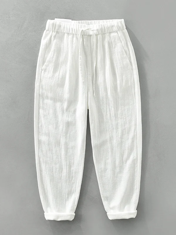 Men's Casual Slant Pocket Drawstring Elastic Waist Cotton And Linen Pants
