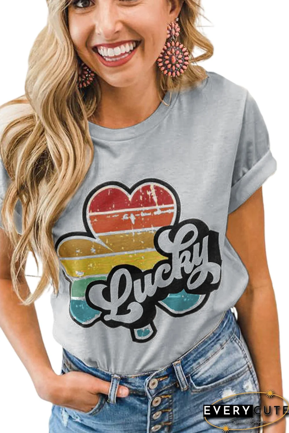 Gray Lucky Retro Rainbow Clover Graphic Tee