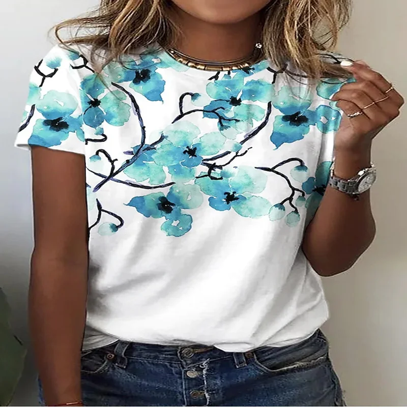 Summer New 3D Printing Ladies Casual Floral Theme Painting T-Shirt Printing Round Neck Soft Fashion Women's Clothing