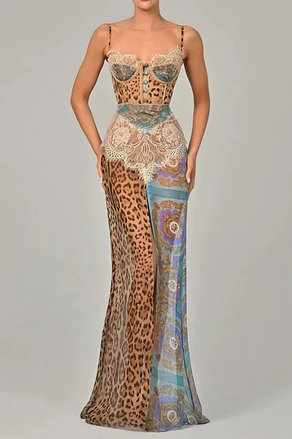Chiffon Leopard Print Sexy Lace Splicing High Slit Slim Maxi Dress