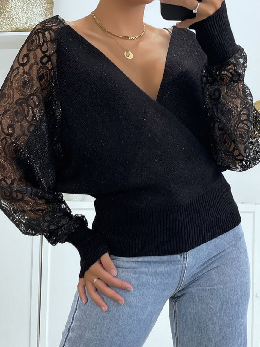 Women's V Neck Solid Loose Lace Sweaters