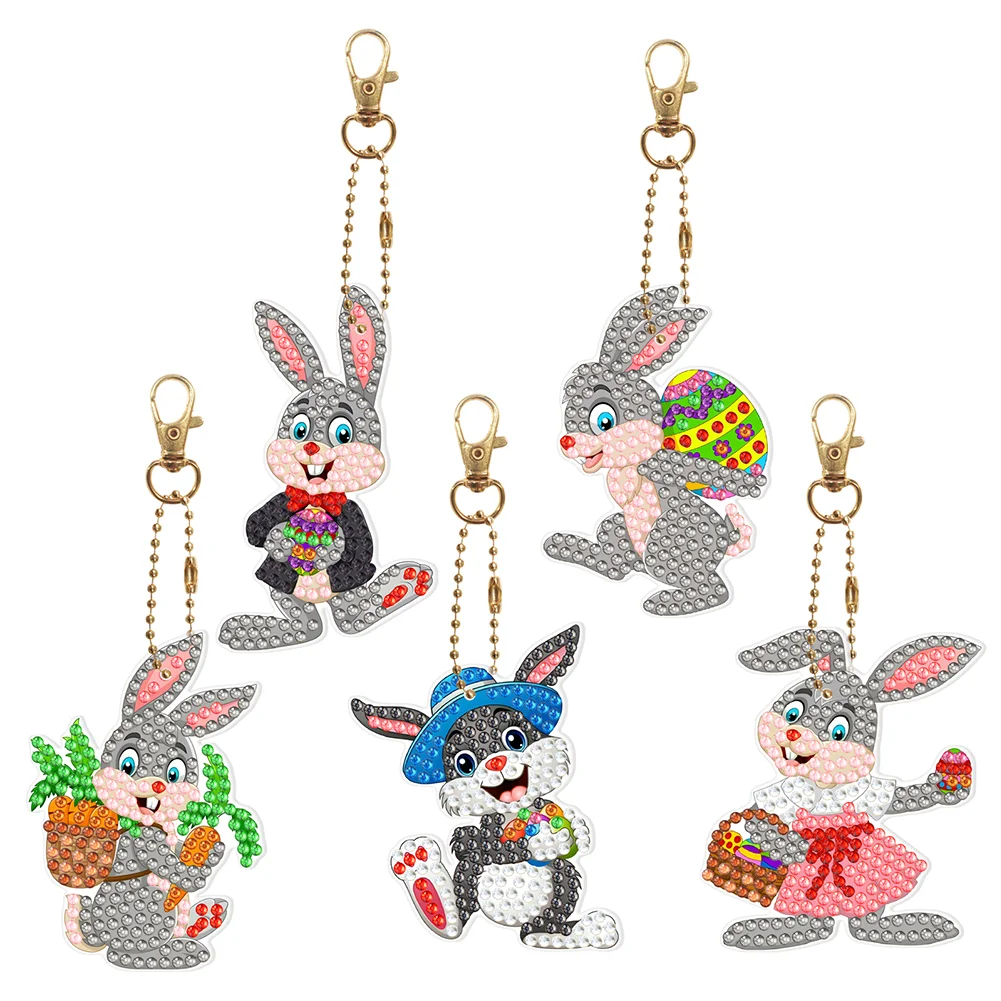 5pcs DIY Animal Key Chains Craft Handmade Double Sided Rabbit Pattern for Gifts