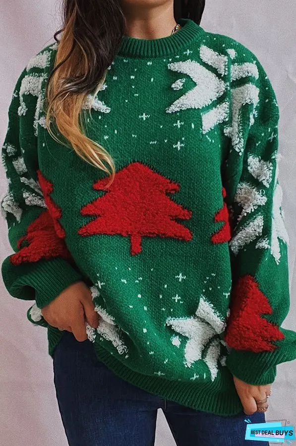 Christmas Pattern Knitted Crew Neck Long Sleeved Sweater