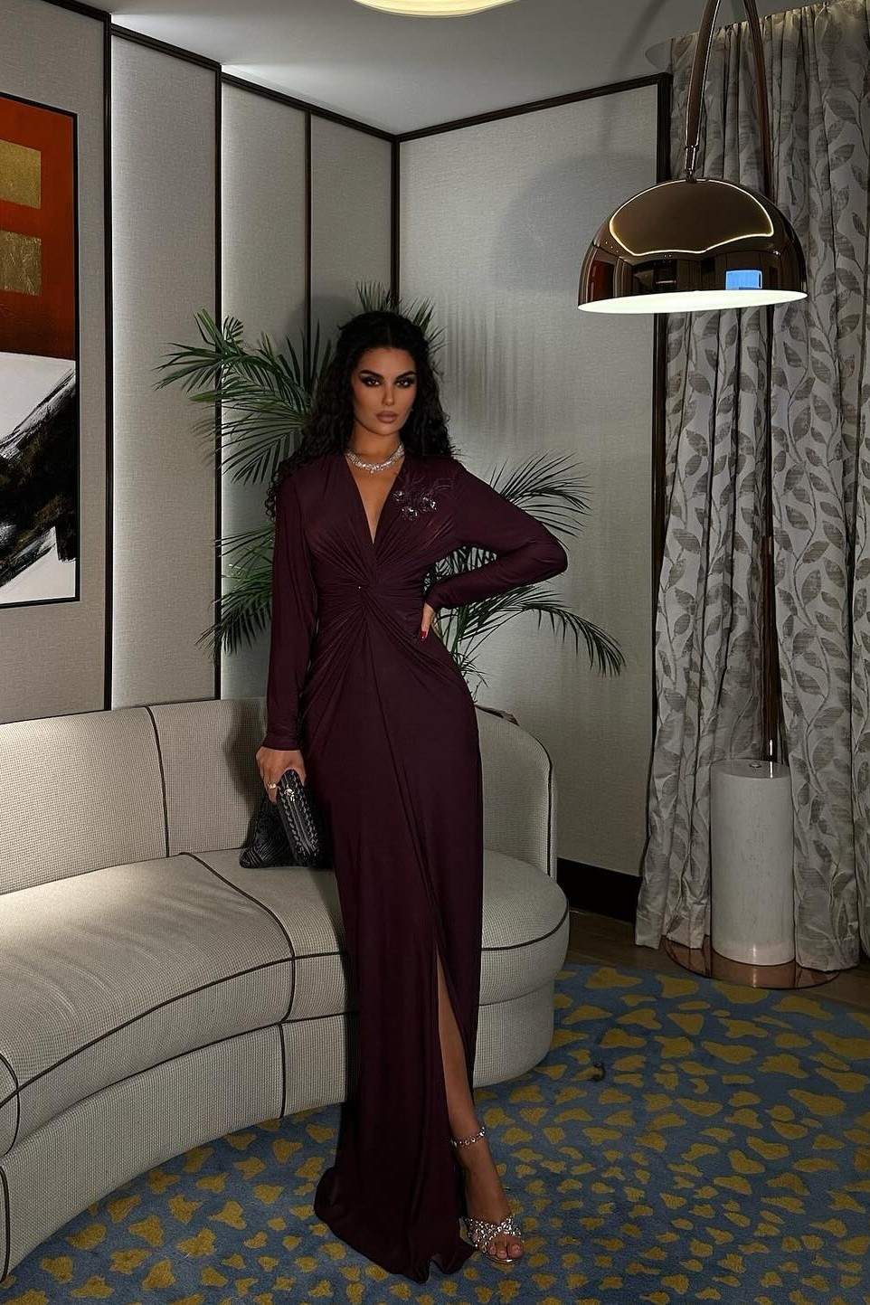 Oknass Stunning V Neck Long Sleeves Long Split Prom Dress With pleated