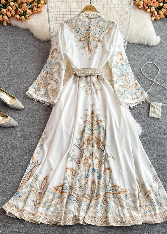 White Printed Long Dress With Waist Belt main image 0