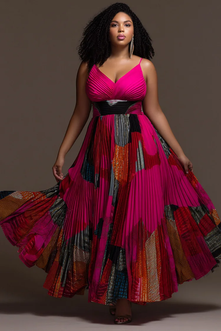 Xpluswear Design Plus Size Party Hot Pink African Print V Neck Pleated Maxi Dresses [Pre-Order] 2024 - Xpluswear