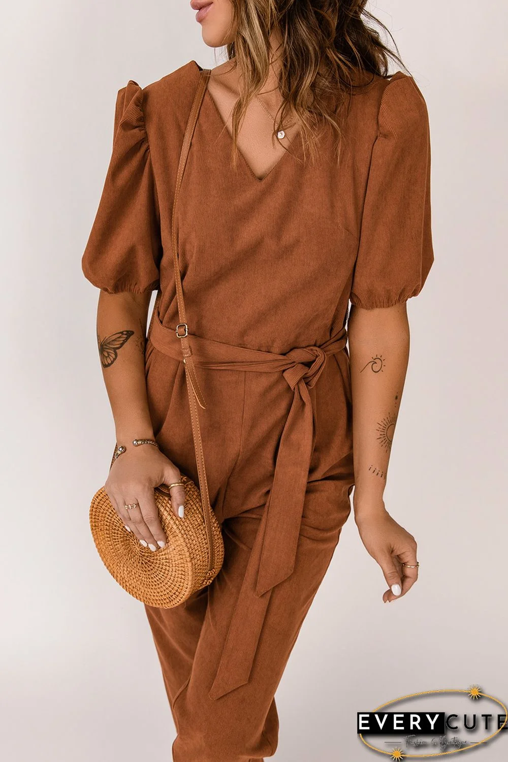 Brown Tie Knot Puff Sleeve Straight Leg High Rise Jumpsuit
