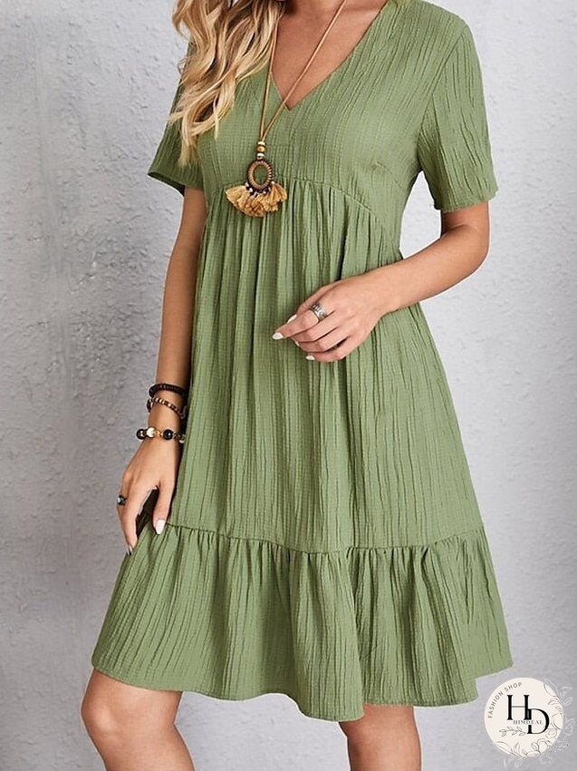 Casual Dress Shift Dress Plain Dress Plain Ruffle V Neck Midi Dress Basic Classic Outdoor Daily Short Sleeve Loose Fit Black Pink Red Spring Summer S M L XL XXL for Women