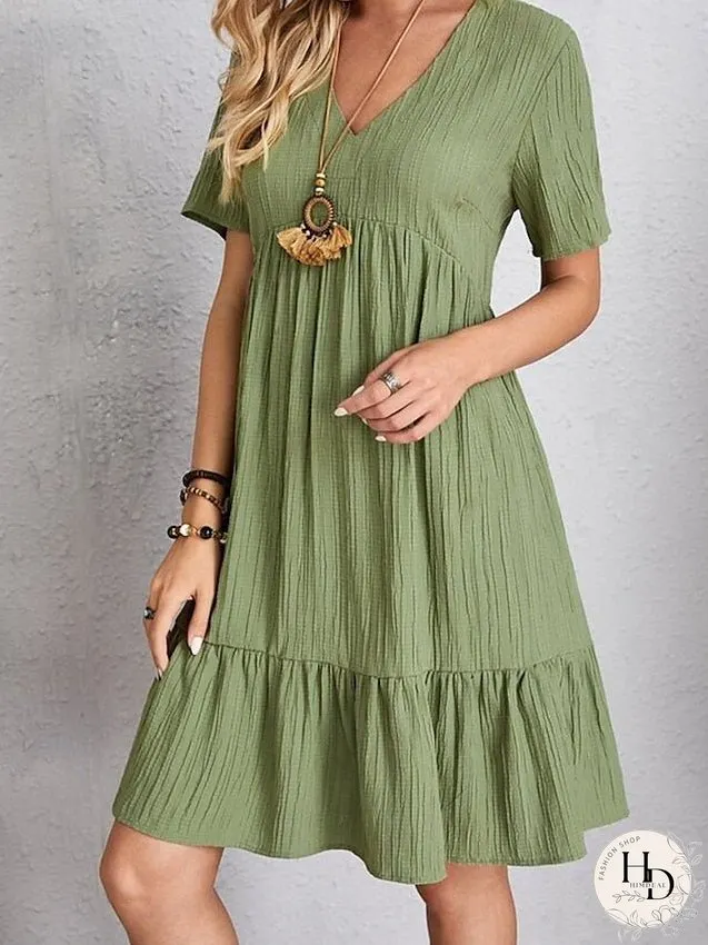 Casual Dress Shift Dress Plain Dress Plain Ruffle V Neck Midi Dress Basic Classic Outdoor Daily Short Sleeve Loose Fit Black Pink Red Spring Summer S M L XL XXL for Women