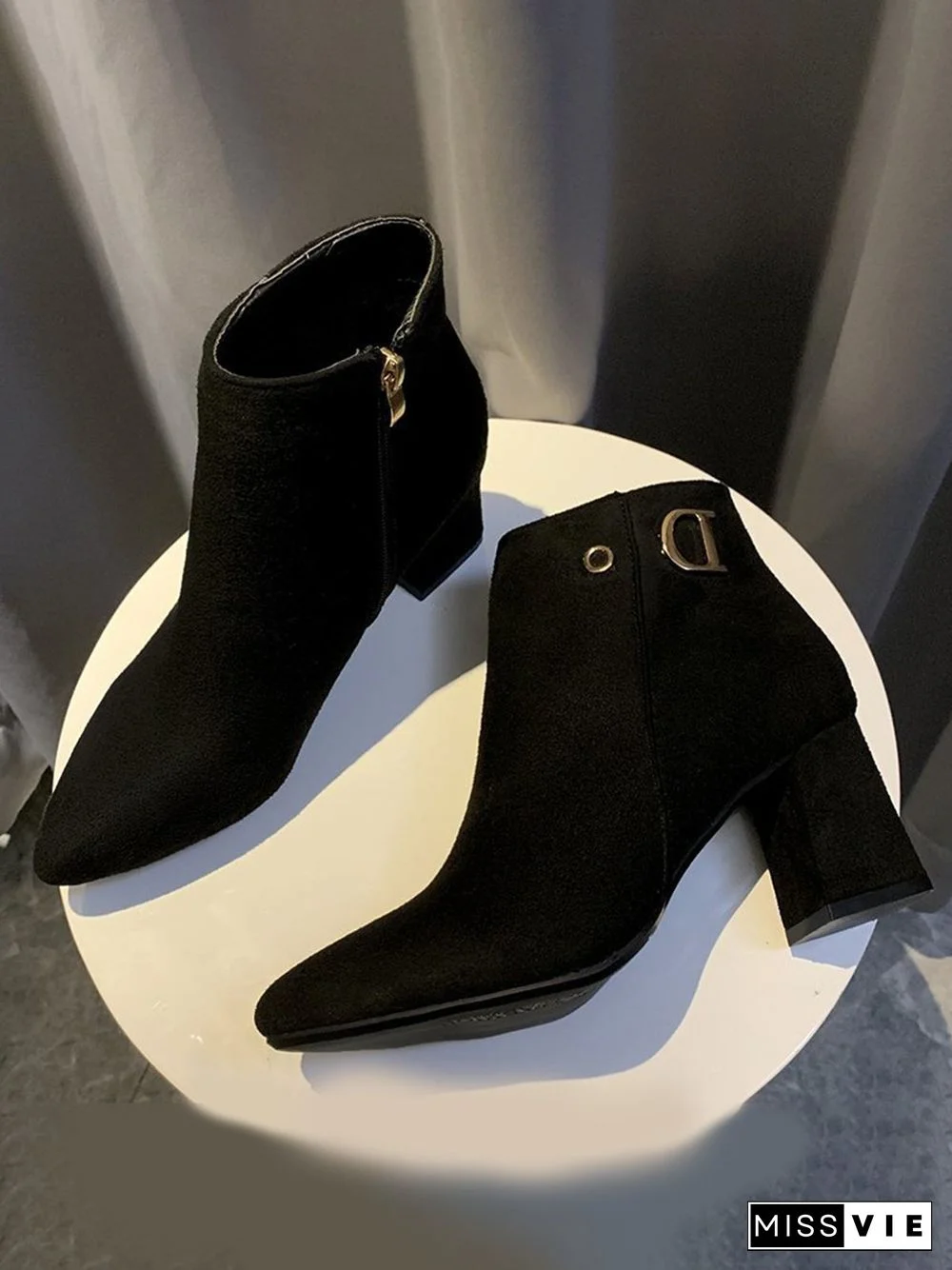 Side Zip Faux Suede Pointed Toe Chunky Heel Booties