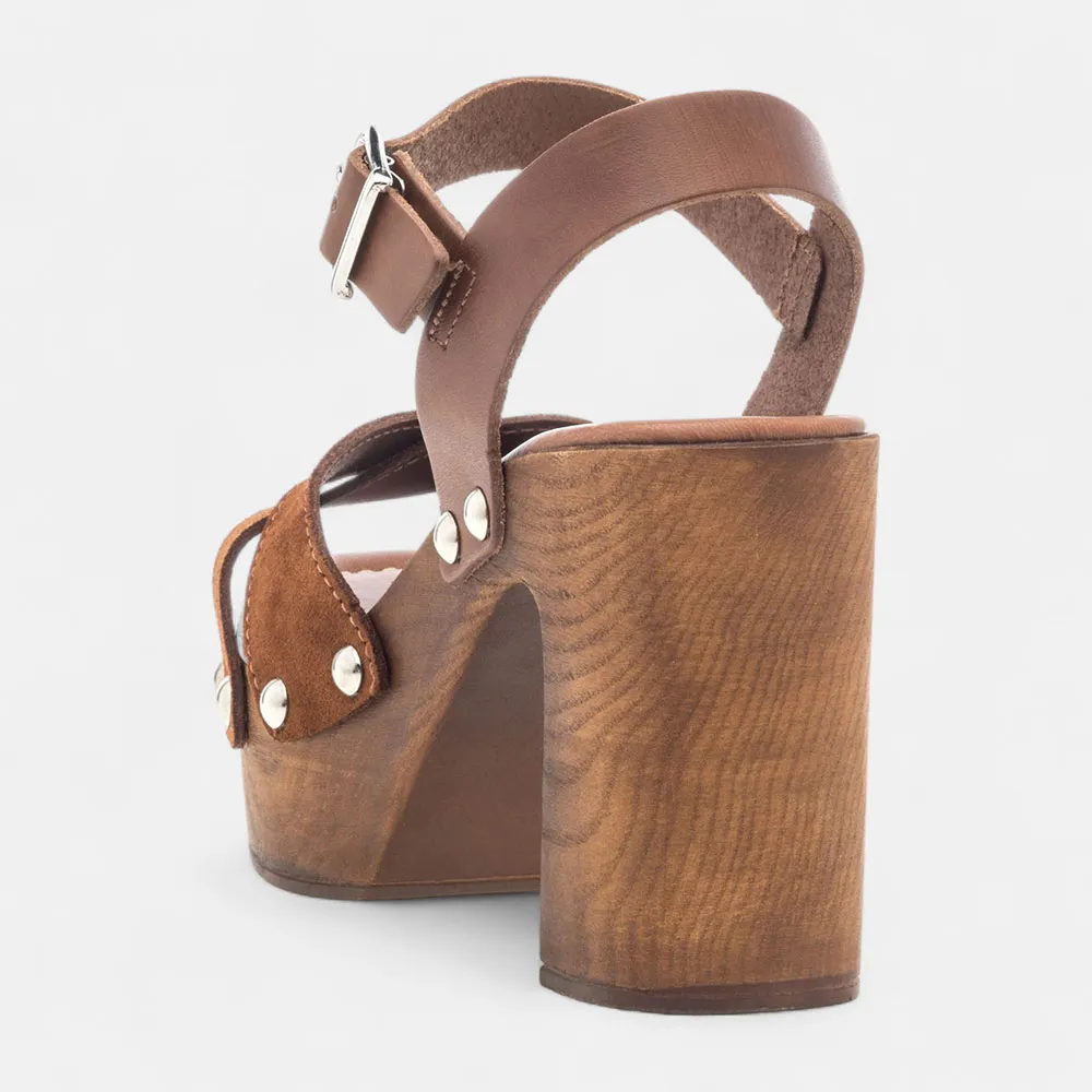 Brown Vegan Leather Open-Toe Studded Strappy Platform Heel Sandals