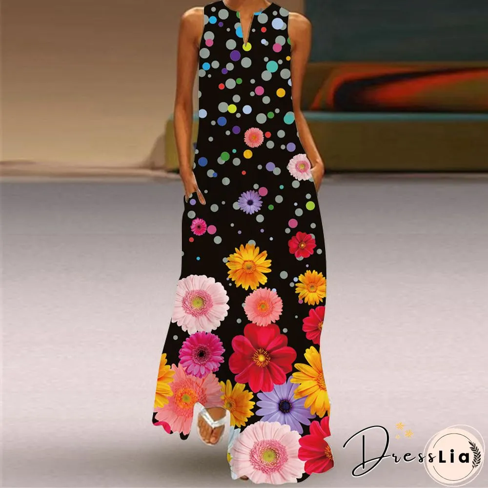 New Fashion Print Summer Dress Casual Sexy Boho Beach Women Party V-neck Sleeveless Pocket