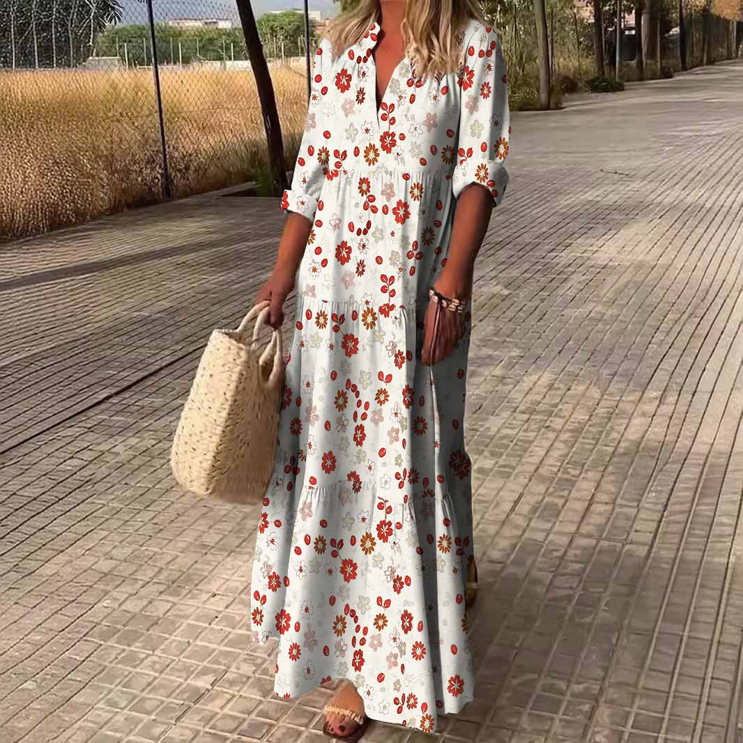 Women Floral, Red, White DZDN0542 SPU Printed Long Sleeve V-neck Maxi Dress