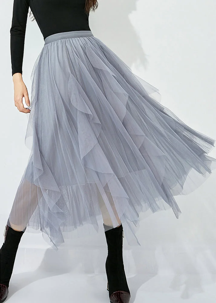 Elle Grey Elastic Waist Tiered Midi Skirt