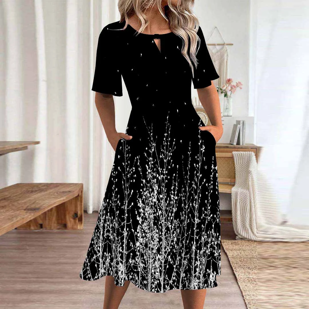 Women Floral,Black DZHA8350 Short Sleeve Scoop Neck Graphic Printed Hollow Midi Dress