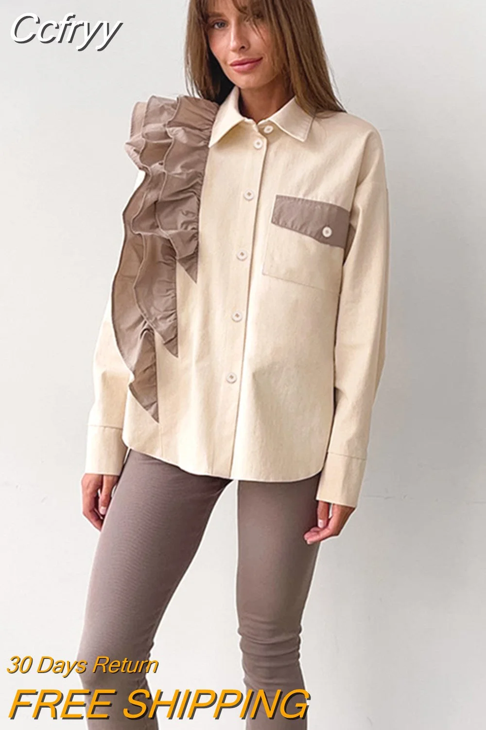 huibahe Winter Cotton Ruffle Shirts Blouses Women Fashion Beige Long Sleeve Patchwork Shirts Elegant Office Ladies Loose Blouses