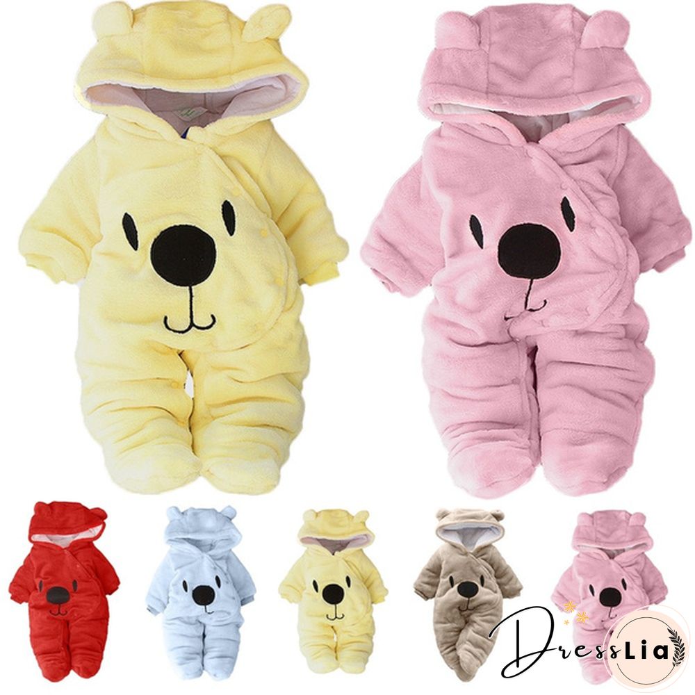 Newborn Baby Girl Boy Solid Color Cartoon Bear Velvet Hooded Jumpsuit Winter Warm Thick