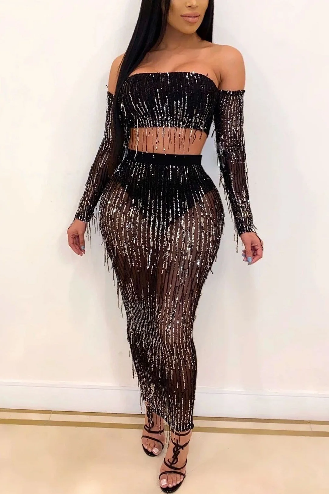 Sexy Perspective Mesh Sequins Skirt Set