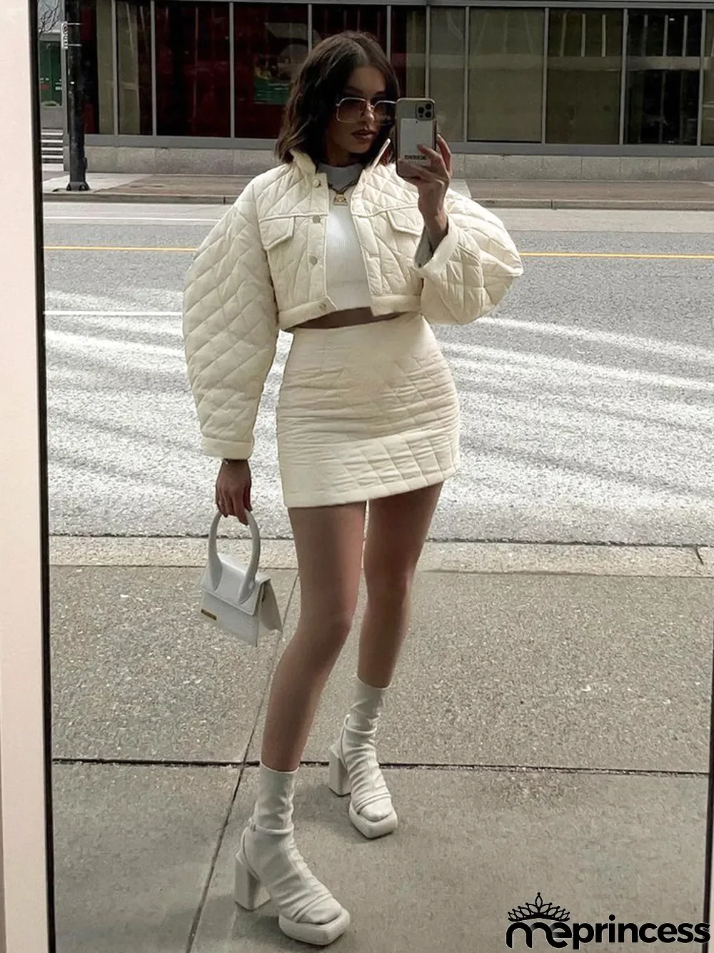 Women Turndown Collar Long Sleeve Diamond Padded Jacket and Skirt Two Piece